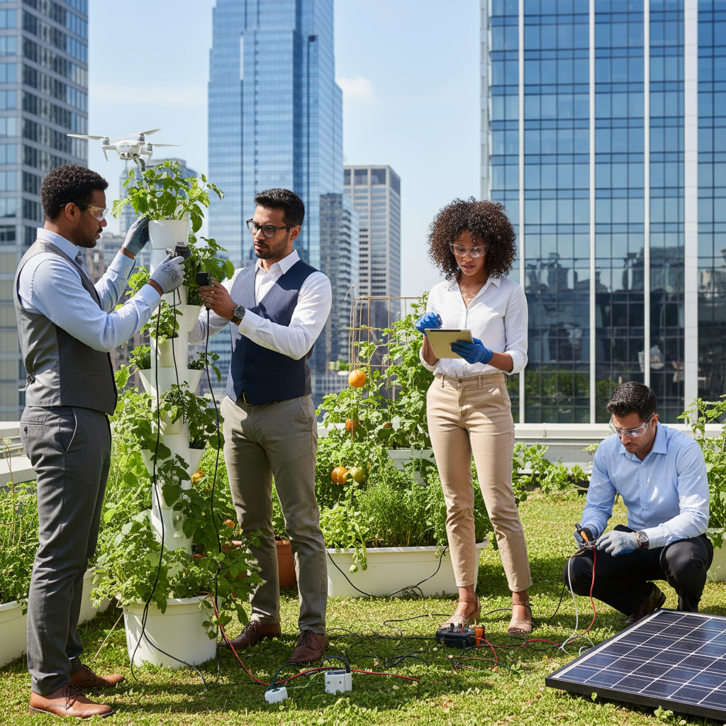 Equipo instalando un huerto urbano y paneles solares en una azotea corporativa